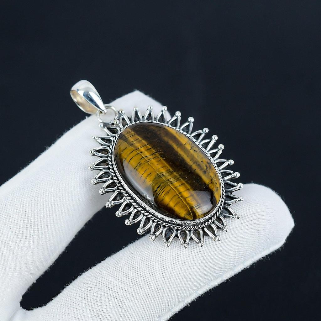 Amazing Tiger Eye Gemstone Silver Pendant in 925 Sterling Silver - Handmade Oval Design, Everyday Wear Jewelry Father's Day Gift