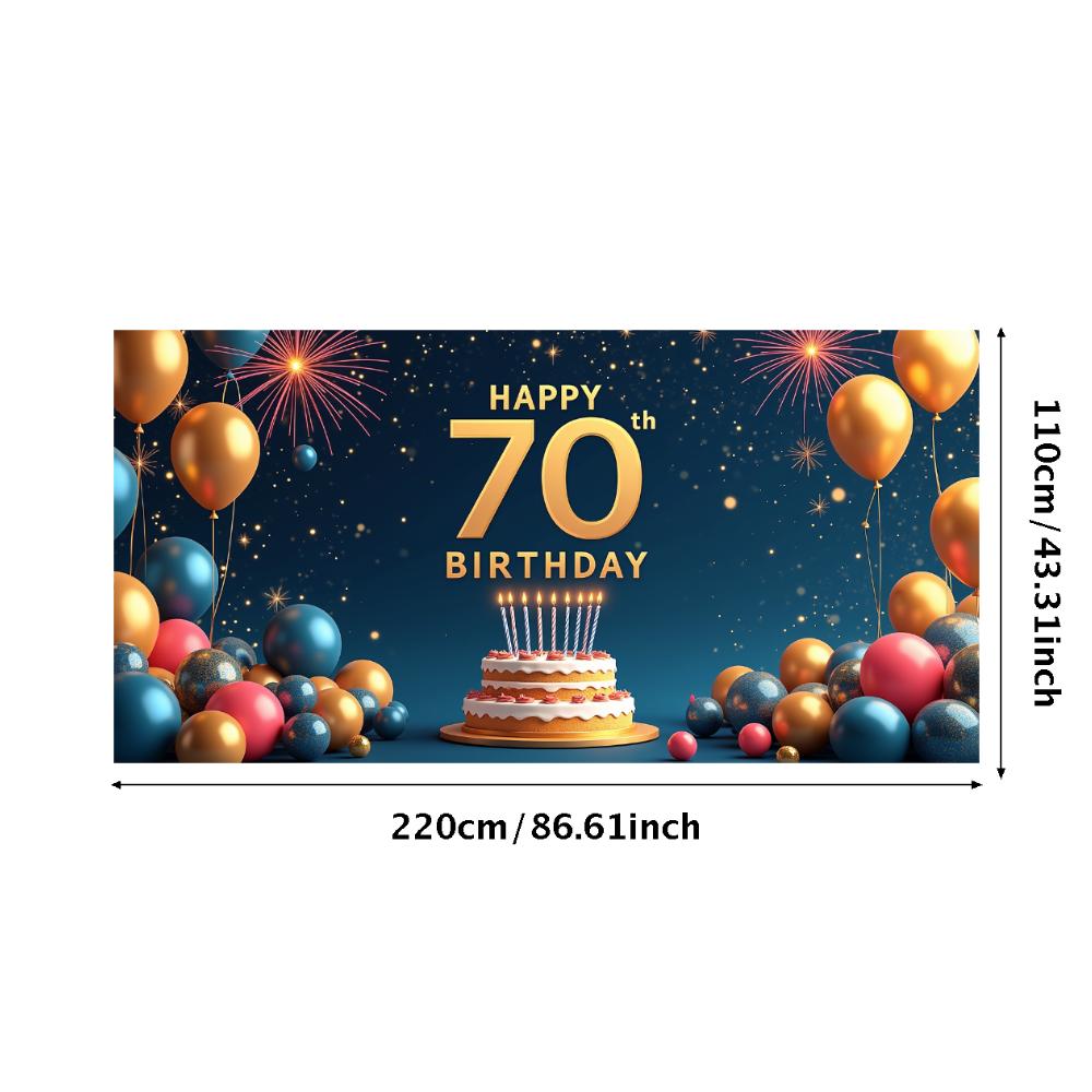 Happy 70th Birthday Banner Backdrop Black gold Birthday Party Decorations Photography Props Sparkle Balloon Background