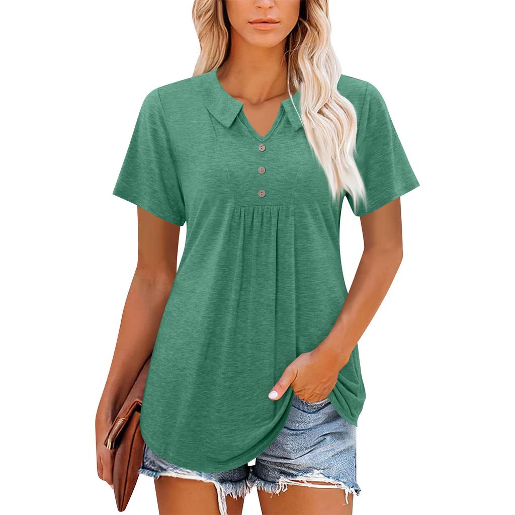 Womens Summer Tops Casual Ruffle Short Sleeve Crewneck Loose Pleated T Shirts