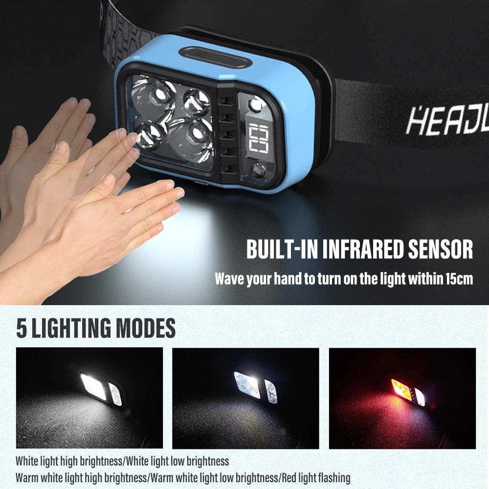 LED Rechargeable Fishing Headlamp with Sensors and Battery Indicator Super Bright Camping Light Using XPG+COB Lamp Beads