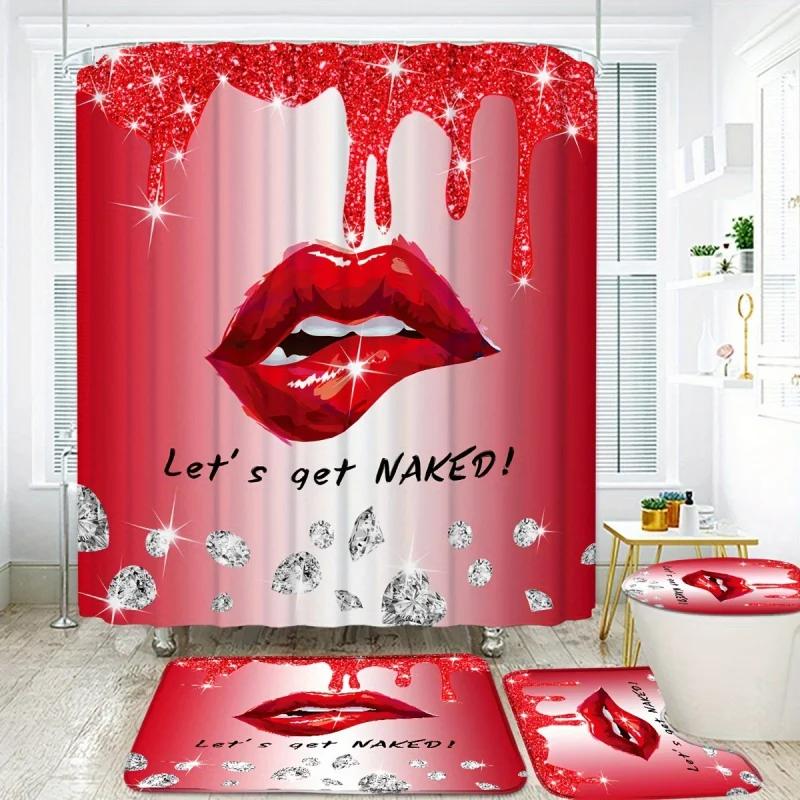 

Red Lips Diamond Print Shower Curtain Set With 12 Hooks - Water-Resistant Polyester Bathroom Decor, Curtain Wit W60H190(CM)-1 Pcs