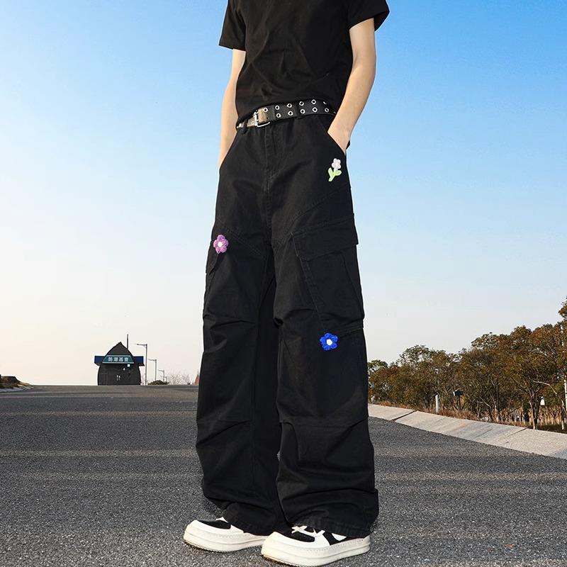 Three-dimensional Deconstructed Flower Embroidery Work Clothes Casual Pants for Men and Women Summer Design Loose Straight Trousers