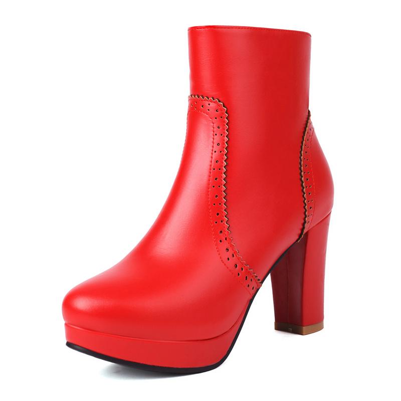 British Platform Ankle Boots Women Red Brown Pinked Microfiber High High Chunky Heel Winter Dress Office Lady Zipper Short Boots