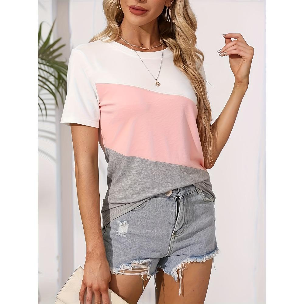 Basic Loose-Fit Color-Blocked T-Shirt, Casual Short-Sleeve Round-Neck