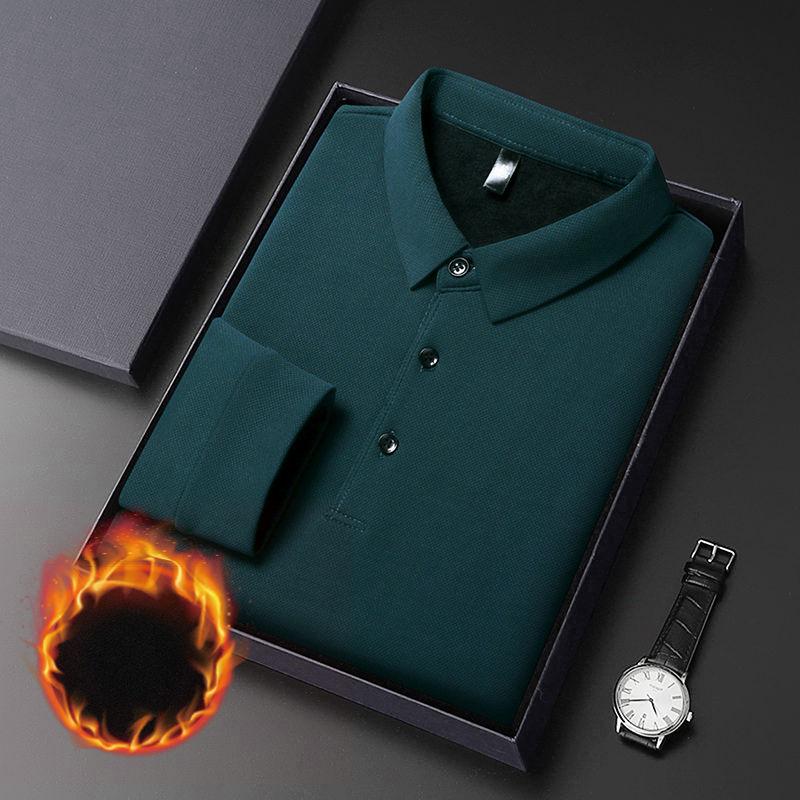 Plus Fleece Thicken Winter New Men Long Sleeve Polo Shirts Turn-down Collar Loose Solid Color Smart Casual Chic All-match Tops