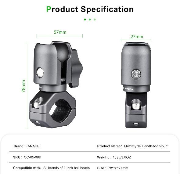 FANAUE Single Socket Arm With Handlebar Clamp Mount U-Bolt Base Compatible With RAM Mounts 1 Inch Ball Head And Bike Motorcycle Phone Holder, Can Be