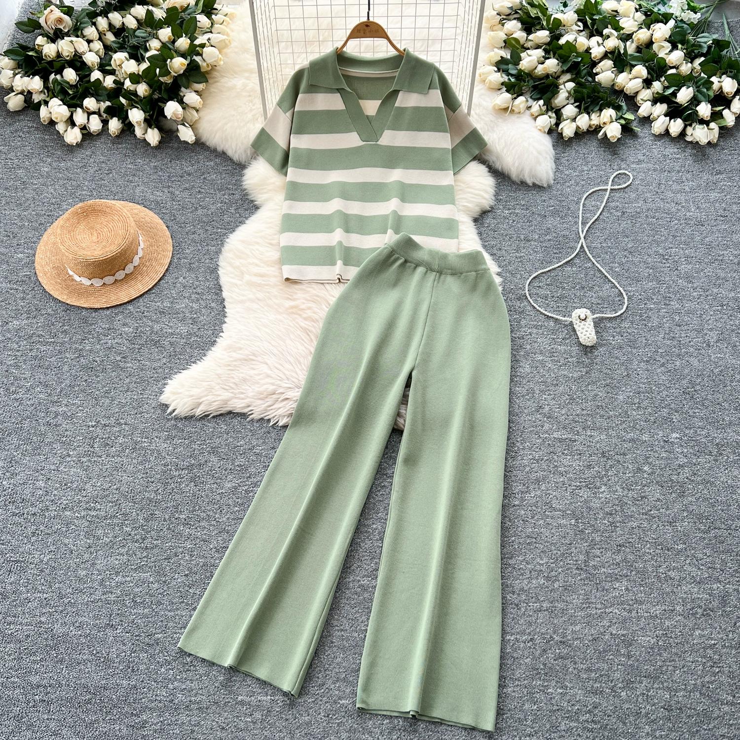 

Літній жіночий в’язаний светр у смужку, комплект із двох частин, жіночий пуловер з коміром-поло та спортивний костюм із штанами до щиколотки One Size зелений