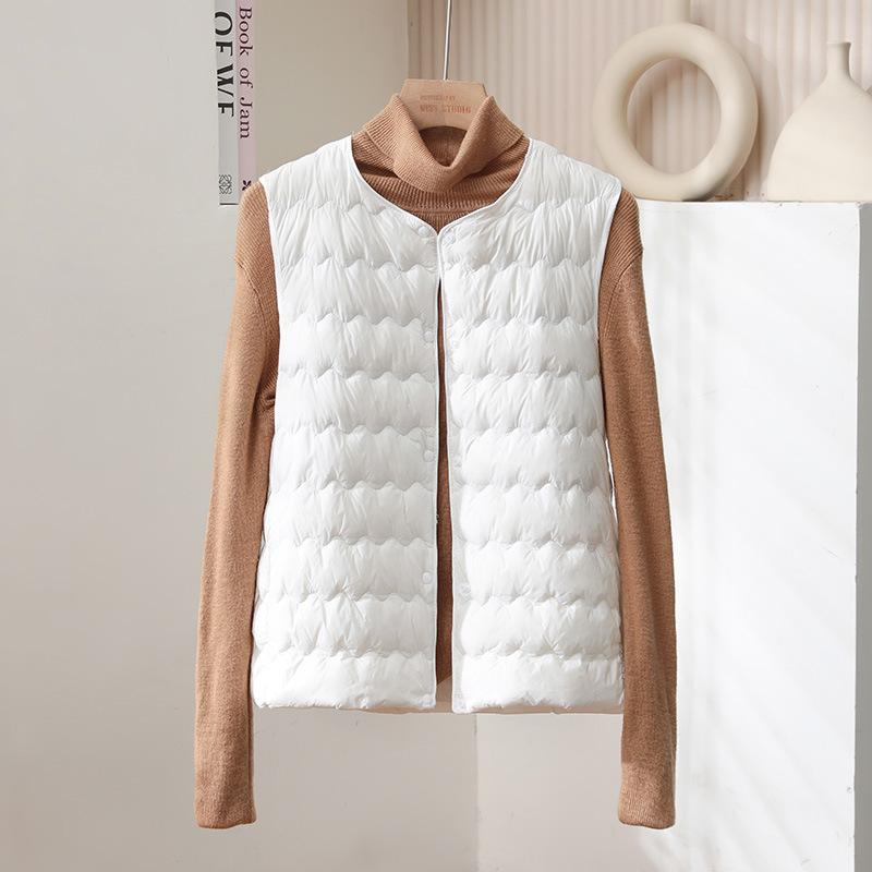 Women's Sleeveless Down Vest Round Neck Lightweight White Duck Down Warm Puffer Gilet Inner Wear Vest