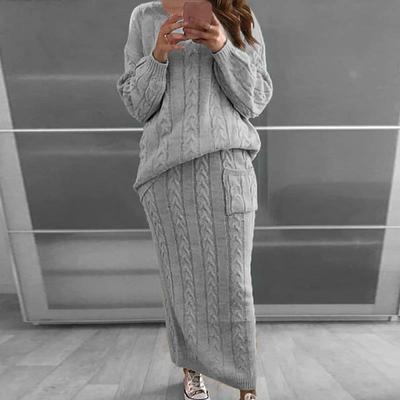 Moda jesienna Seksowny damski zestaw z dzianiny Sweter z długim rękawem Solid Color Pullover Long Dress Set Dwuczęściowy zestaw