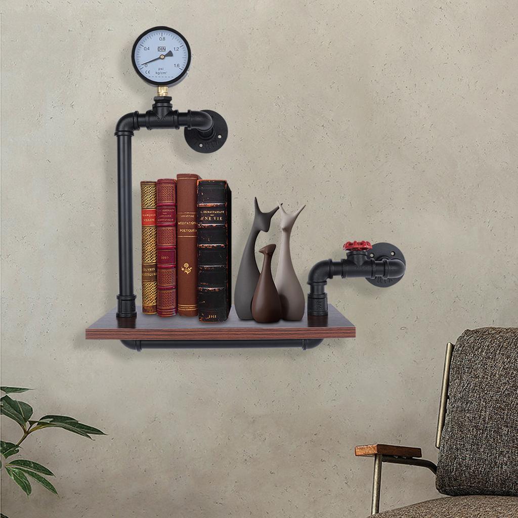 Industrielles Wandregal – Schwebendes Regal aus Massivholz & Stahlrohr mit Wasserzähler & Ventil – Retro-Dekor – 40 x 20 x 57 cm