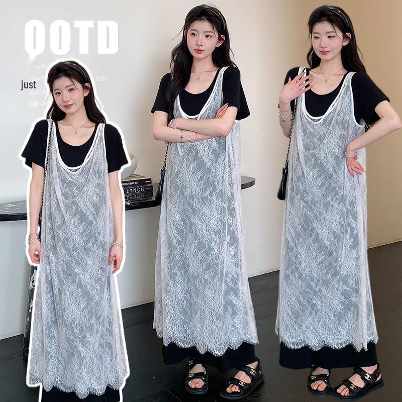 2026 Summer Lace Patchwork Knit Long Dress - Elegant & Casual Medium