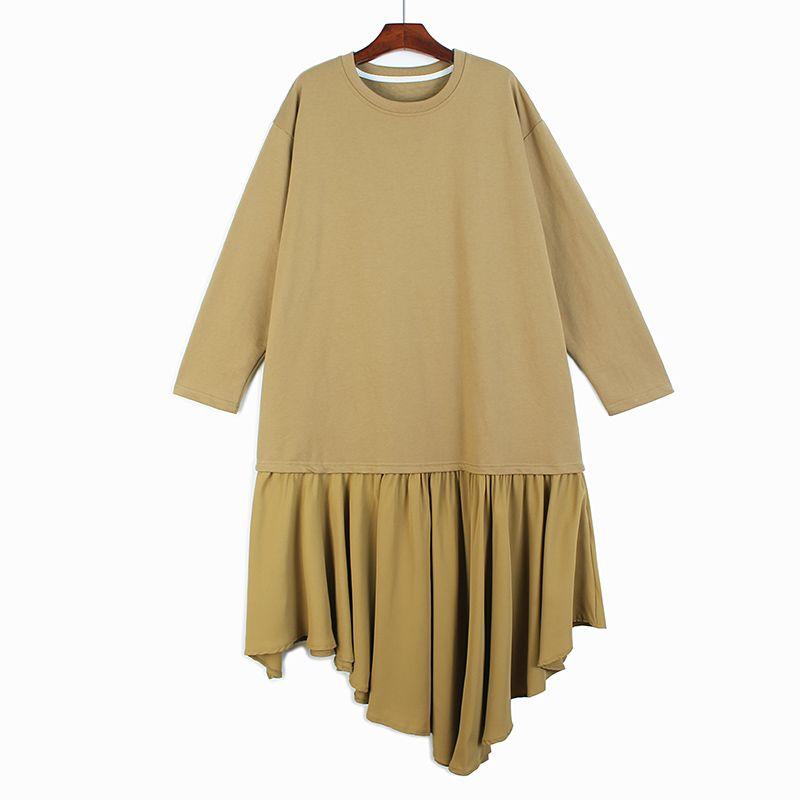 

European and American-Style Slim Looking Irregular Chic Long-Sleeve Dress Kakh All yards