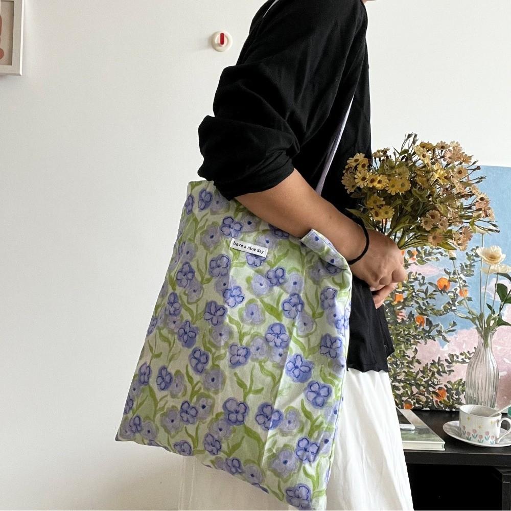 Green Double Sided Tote Bag Lightweight Shopping Handbags Chic Purple Flower Shoulder Bags  Travel