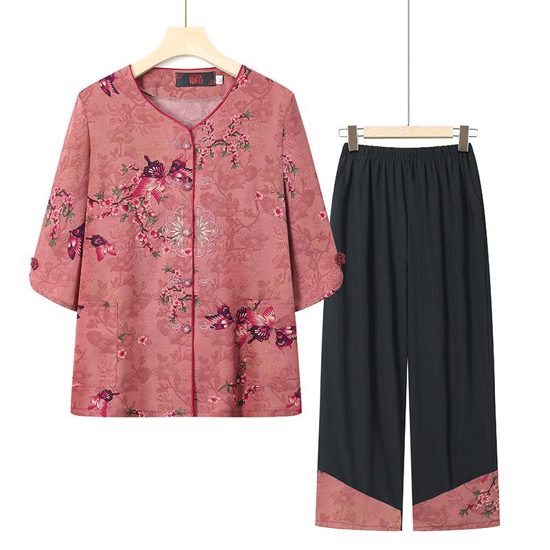 Büyükanne Yazlık Kıyafet Seti Orta Yaşlı Yaşlı Kadın Giyim Annenin Kısa Kollu İki Parça Seti Yaşlı Hanımın Yazlık Bol Hırkası