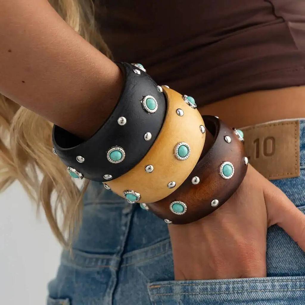 IngeSight.Z 2026 Irregular Hyperbole Wooden Cuff Bangles Women Creative Round Geometric Wide Inlaid Turquoise Bracelets Jewelry