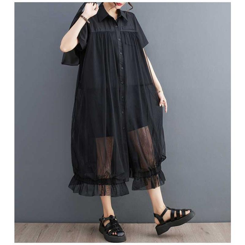 Ladies' Fashion Mesh Splicing Shirt Skirt Loose Casual Dress