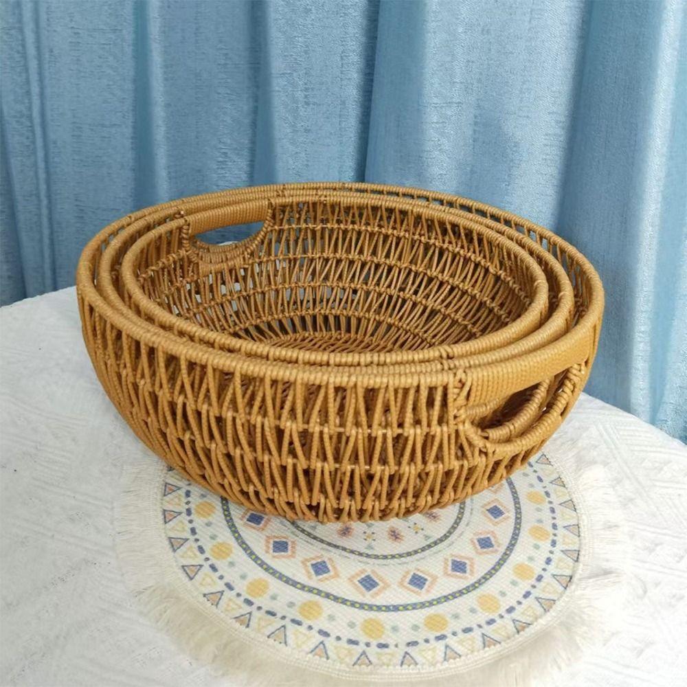 High Quality Imitation Vine Storage Basket Round Sturdy Fruit Basket Brown Large Capacity Drain Basket Gift