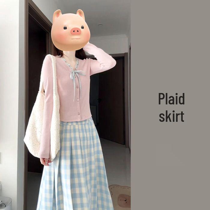 Women's Spring/Autumn Plaid Cardigan Dress with Lotus Leaf Collar - Trendy Two-Piece Set