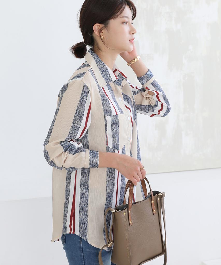 Ppaeppae Collared Unique Color-Blocked Stripe Blouse