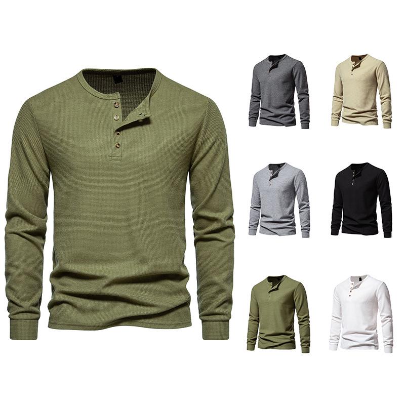 Men's Four-Button Waffle Knit Henley Long Sleeve T-Shirt