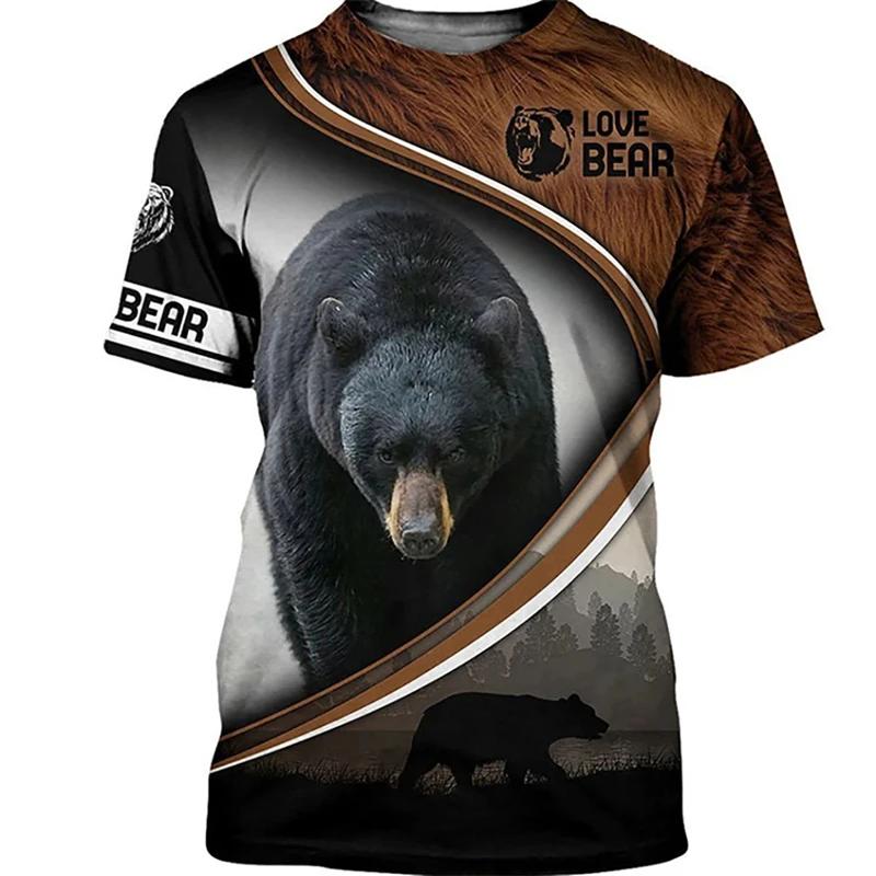 Pánské outdoorové lovecké tričko s 3D potiskem zvířete medvěda, ležérní streetwearové tričko s O-výstřihem a nadměrnou velikostí
