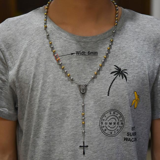 Edelstahl Rosenkranz Halskette für Männer Frauen Religiös Kugelkette Christliches Münz Kreuz Anhänger Jesus Schmuck Zubehör