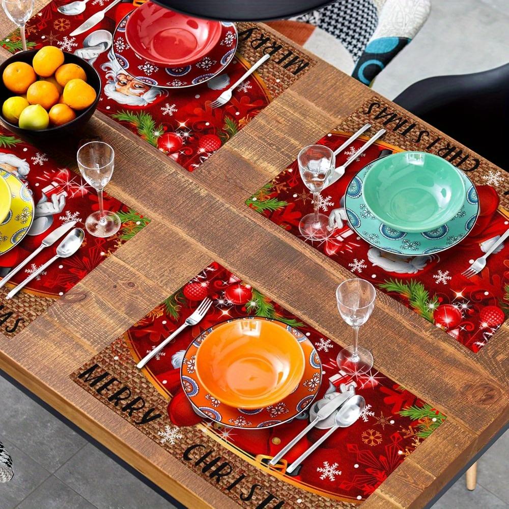Of 4/6 Snowflake-Themed Christmas Table Mats Featuring a Red Santa Claus Design, Perfect for Decorating Your Dining Table During Festive Gatherings