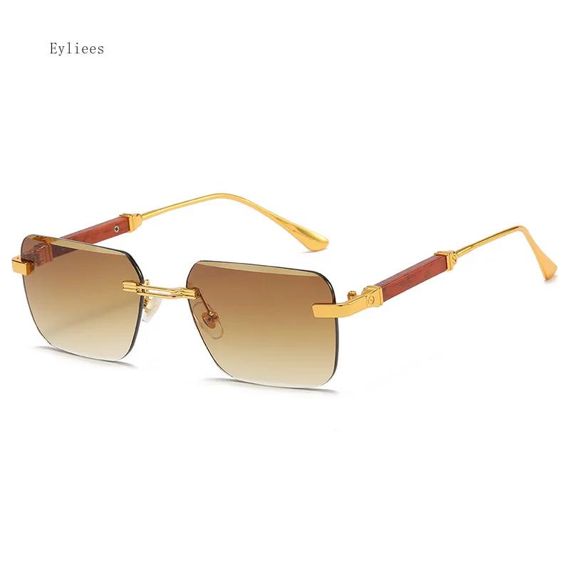 Fashion Rectangle Rimless Sunglasses for Women Square Vintage Luxury Design Retro Wooden Frame Gradient UV400 Sun Glasses
