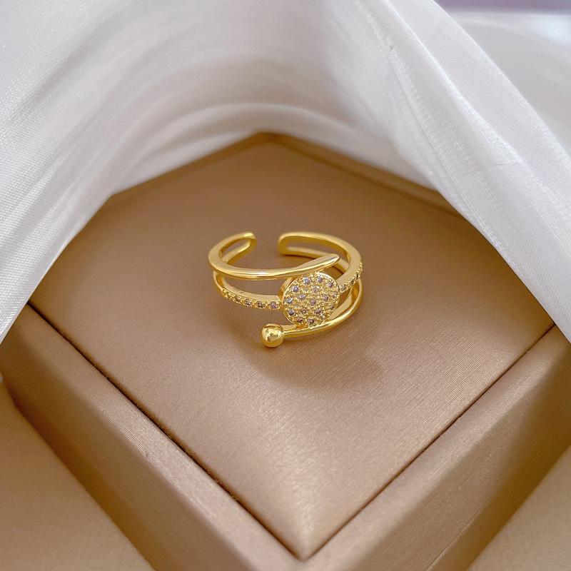 Кольцо из настоящего золота, круглое, трехслойное, полностью бриллиантовое, открытое, регулируемое, простые украшения, японское кольцо, кольцо для пары adjustable opening