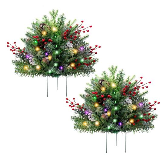 Pre-lit Christmas Tree Urn Filler Battery Operated Artificial Xmas Tree with Cones Berries Holiday Porch Planter Filler with Tripod Stake And LED