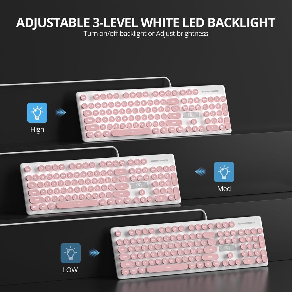 White US Layout Retro Typewriter Round 3 Brightness Full Numeric Silent for Pink & LightWired Keyboard, Style, Keycaps, Backlit, Levels, Size,