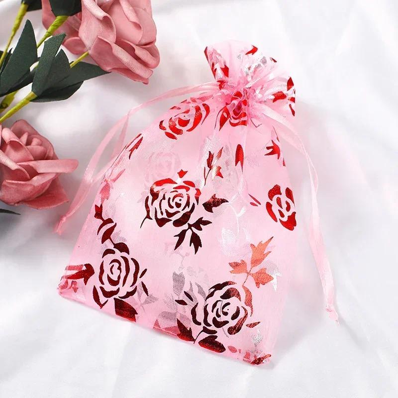 50piece Gold Stamp Rose Pattern Gauze Bag Colorful Pull Rope Self Sealing Storage Bags Candy Gift Accessory Package Jewelry Pouc