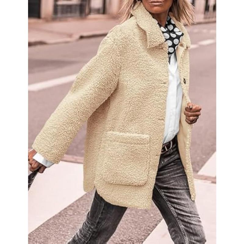 Lamb Wool Coat for Women Long Sleeves Turndown Collar  Medium Length Cotton Jacket Solid Color Warm Comfortable Autumn and Winter