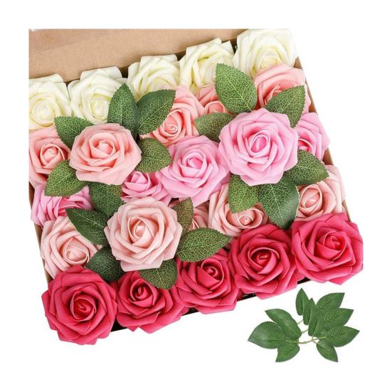 25 Pcs Artificial Rose Flower with Long Stem Real Touch Faux Silk Rose Bouquet for Wedding Party Table Centerpieces Festival Decoration 1 Set