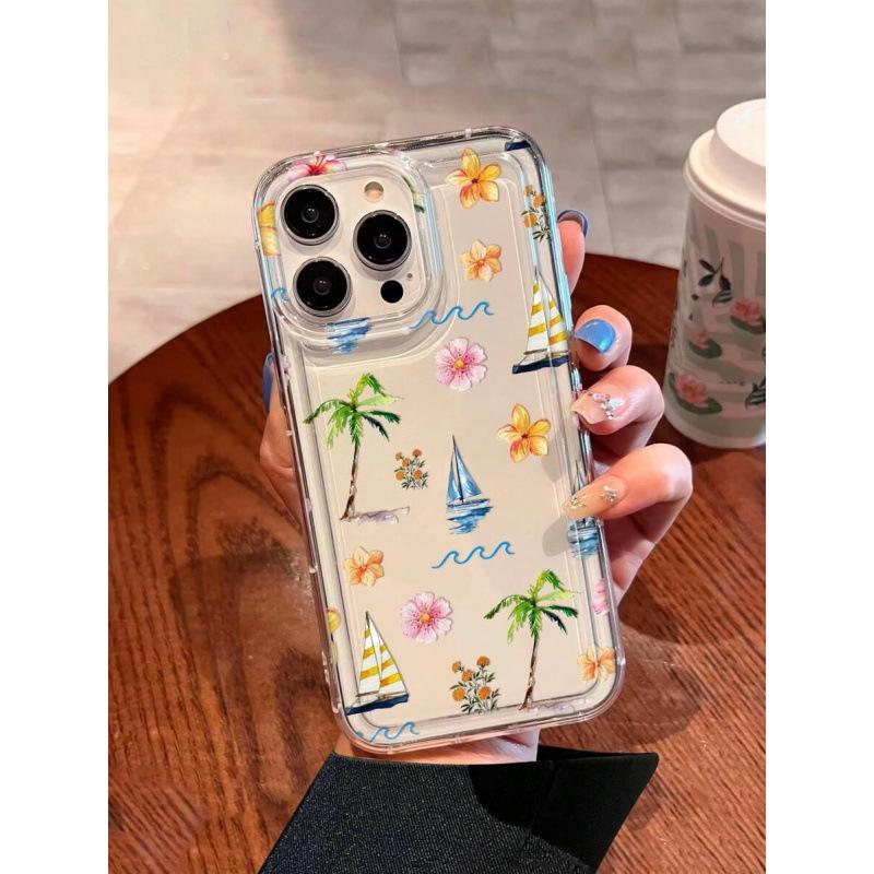 Coconut Tree Sailboat Apple 16/15Plus Phone Case Premium 14/13Promax Transparent 12 Airbag 11 European and American Trans