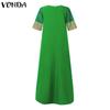VONDA Lockeres, langes Kleid mit V-Ausschnitt und 1/2 Ärmeln für Damen in großen Größen
