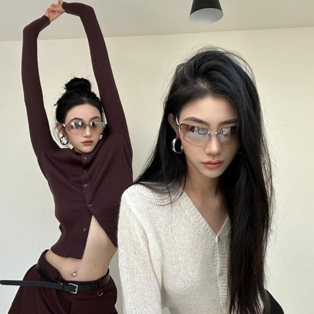 Frameless diamond sunglasses female Spice Girl concave shape ins Internet celebrity sunglasses UV protection large frame thin