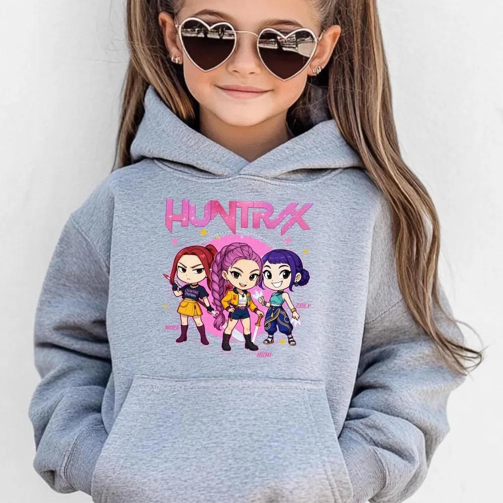 Autumn Winter KPop Demon Hunters Printed Pocket Hoodies Fashionable Casual Sports Long Sleeved Children's Girl Hooded Sweatshirts