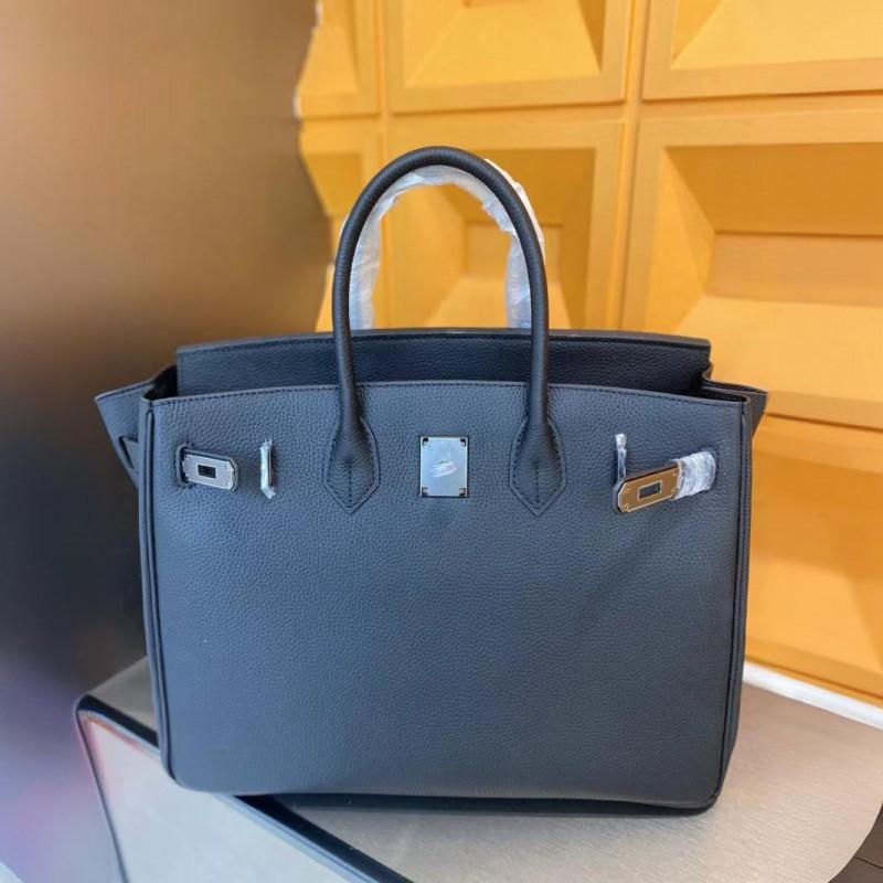 Yi Jinyuan 2024 Top-layer Cowhide Dark Gun-color Buckle Women s Bag Fashionable Portable Platinum Silver 35cm
