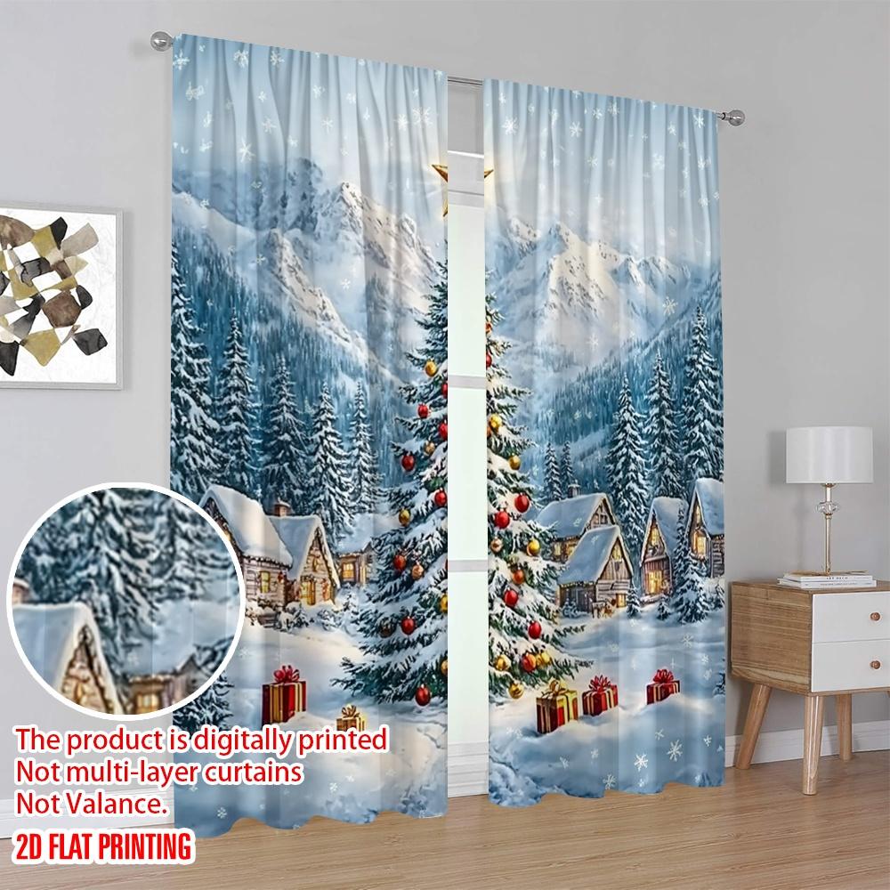 Set Of 2 Flat Printing Christmas Party Curtain Polyester Without Electricity Holiday Decorations Perfect Made