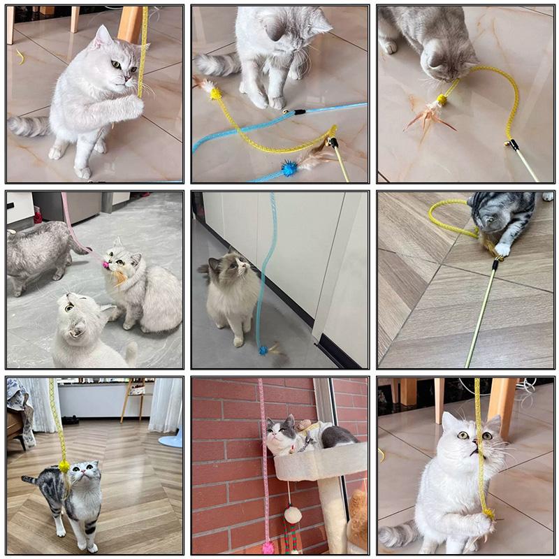 3pcs Mix Feather Teasing Cat Stick Elastic Mesh Tube With Feathered Furry Ball Cat Toy Rod Kitten Interactive Toys Pet Wand