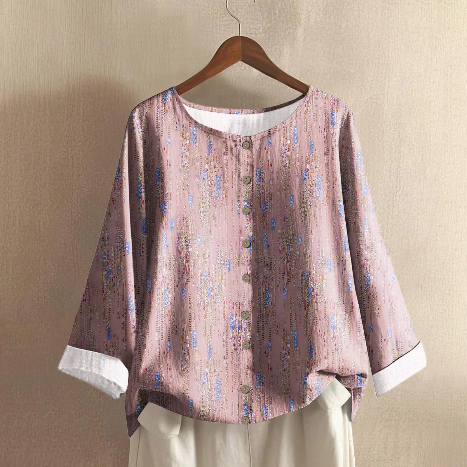 

Женский повседневный топ с длинным рукавом и круглым вырезом, из хлопка и льна, с принтом в стиле ретро с градиентом S розовый