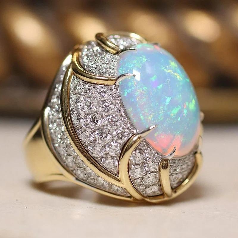 Aesthetic Inlaid Imitation Opal White CZ Women's Ring Sparkling Gold Color Geometry Daily Wear Party Jewelry Anniversary Gift