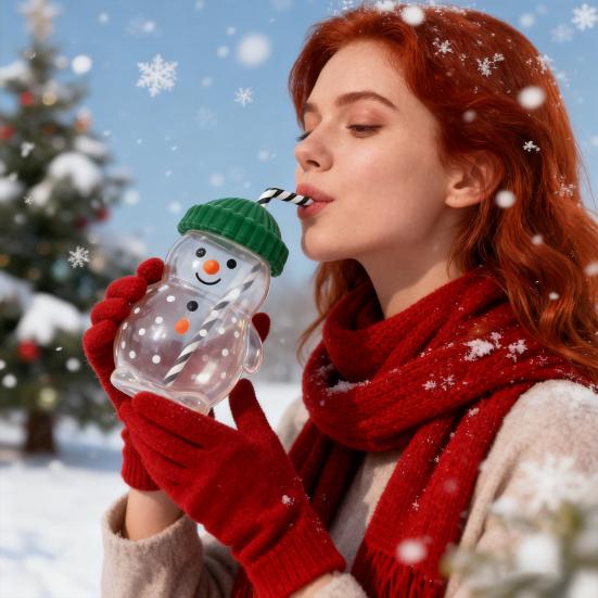 Christmas Glass Tumbler Snowman Penguin Deer Drinking Cup Juice Milk Mug Reusable Holiday Water Bottle for Kids