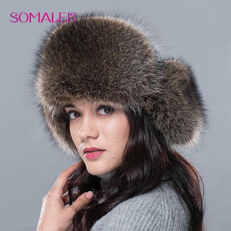 SOMALER Nouveau chapeau d'hiver en fourrure chaude pour femmes, véritable fourrure de renard/raton laveur, Ushanka avec casquette bombardier en cuir