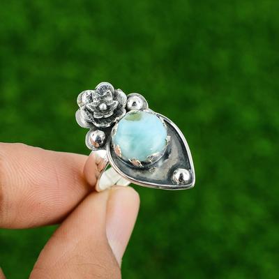 Natural Larimar Gemstone Multi Stone Flower Blue Adjustable Ring 925 Silver