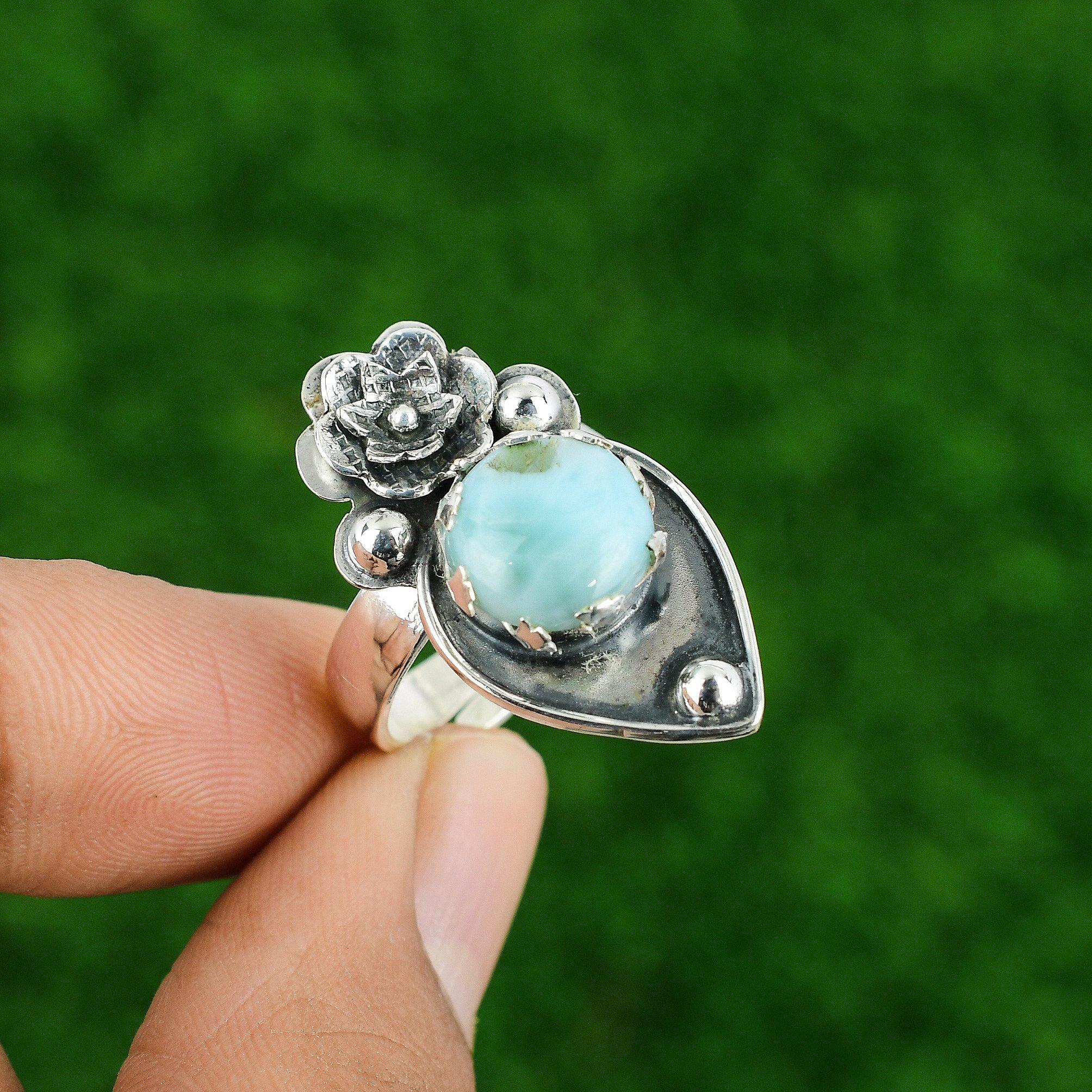 

Натуральный Ларимар Драгоценный Камень Мульти Камень Цветок Синее Регулируемое Кольцо 925 Серебро Adjustable