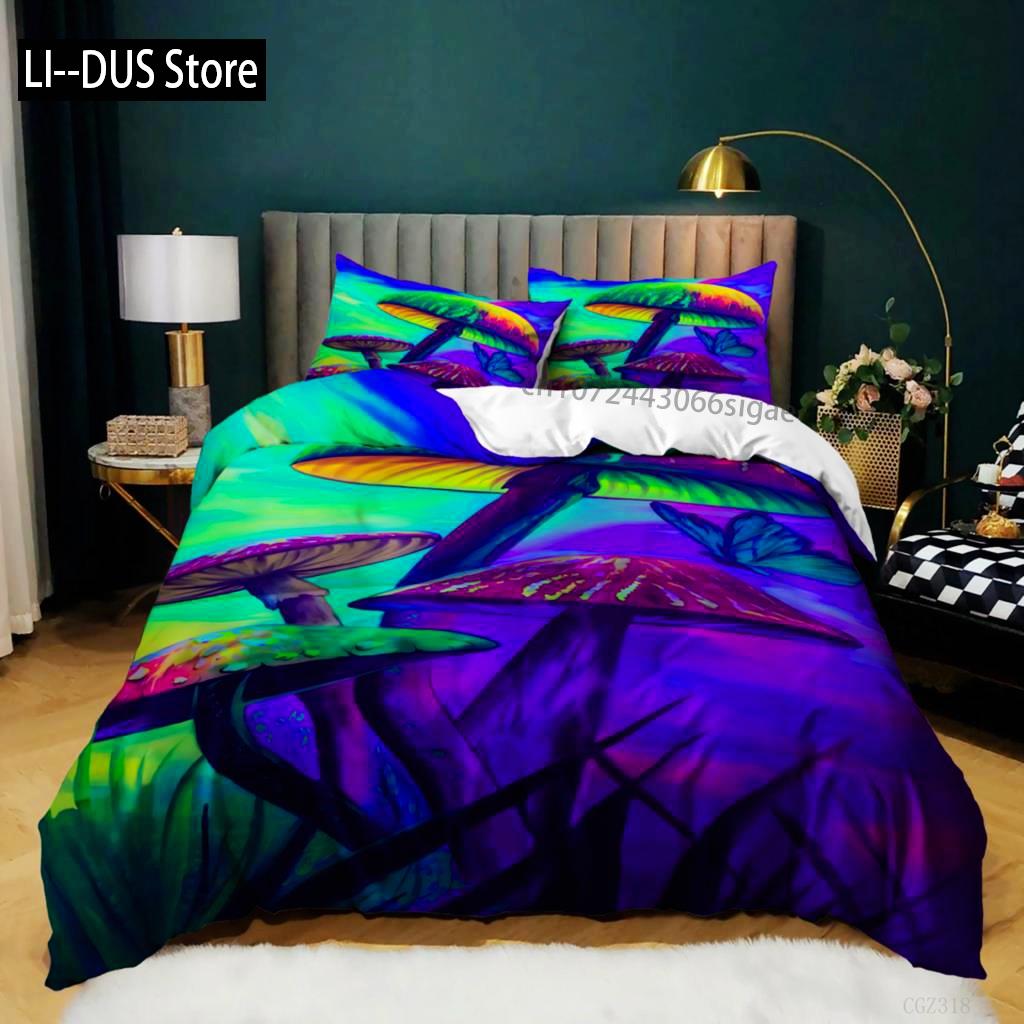 Mushroom Duvet Cover Set Queen Size Microfiber Mushrooms Ornate Doodles With Swirls Eyes Psychedelic Botany Bdding Set For Teens