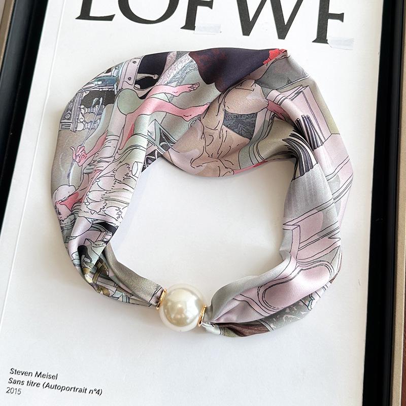 Simple magnetic buckle pearl long silk scarf women's spring and autumn scarf summer printing decorative scarf versatile thin neck protector