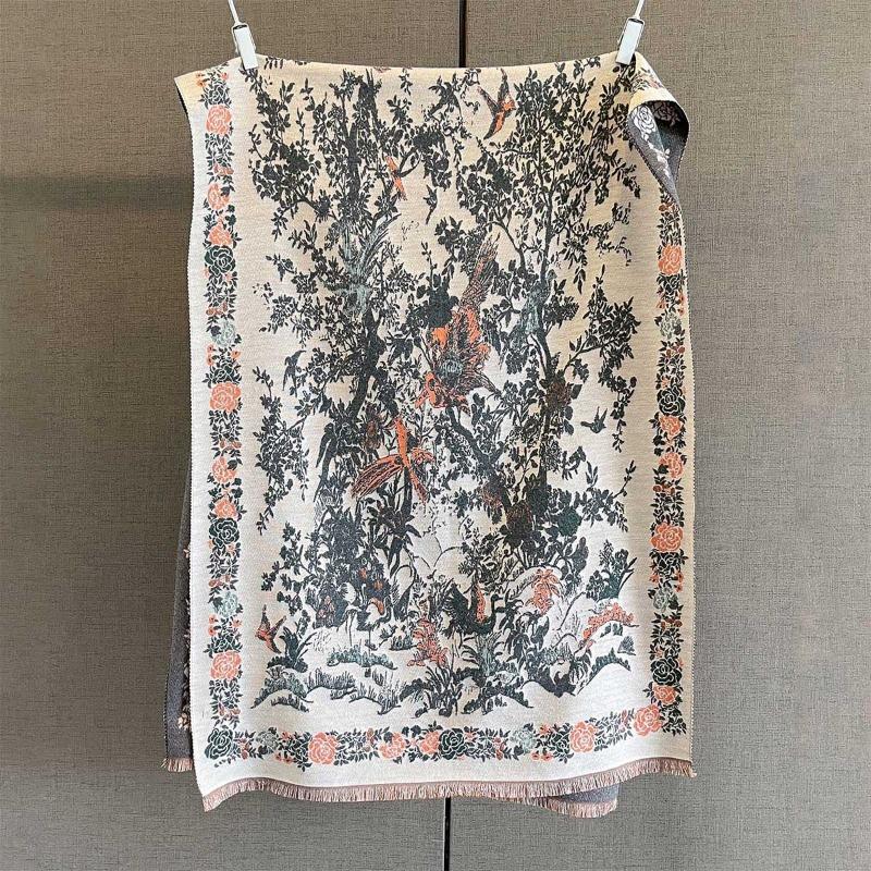 New retro flower and bird printing imitation cashmere autumn and winter warm neck protection scarf versatile fashion atmosphere scarf
